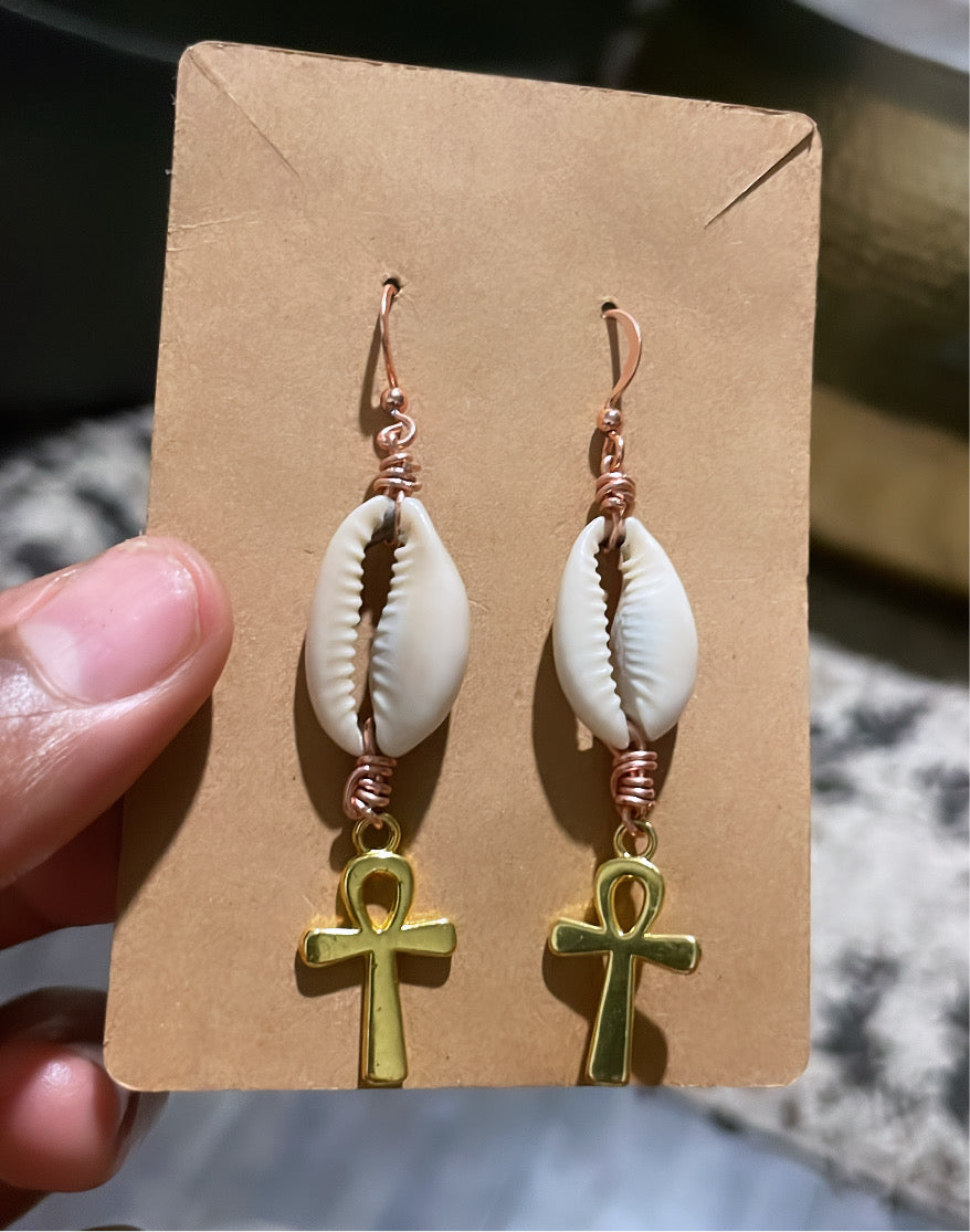 Handmade Solid Copper + Cowrie + Ankh Earrings