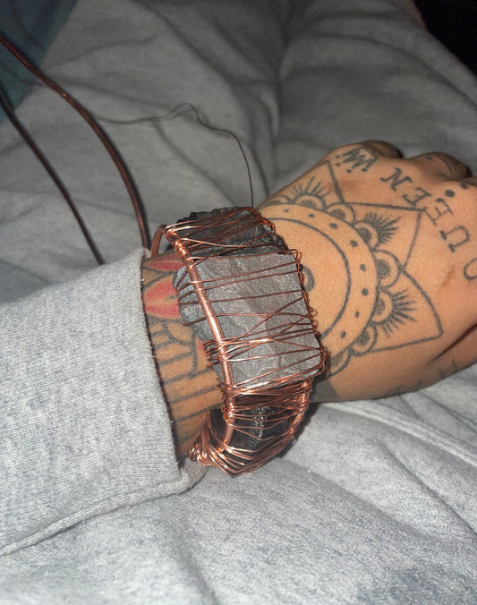 Handmade Cuff Bracelet with Solid Copper and Authentic Hematite from Brazil, Jet & Clear Quartz